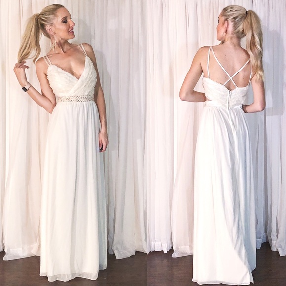 Speechless Dresses & Skirts - White Evening Gown with Blush Pearls + Gold Lace